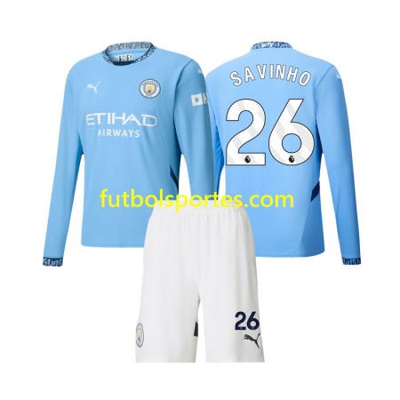 Camiseta Manchester City Savinho 26 Niño Primera Equipación 2024/2025 Manga Larga